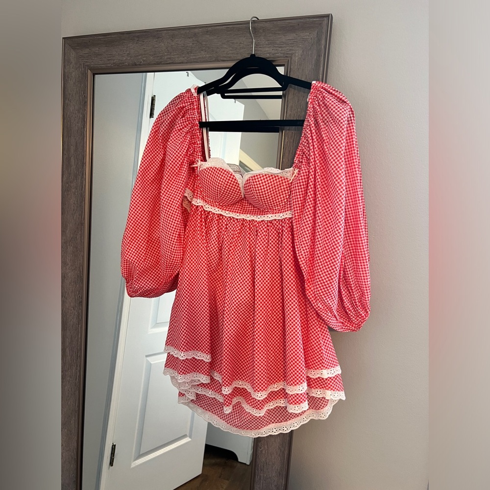 Kitteny Katia Red & White Gingham Dress w Lace Up Back  / Size Small